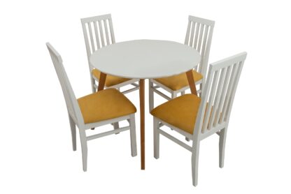 Set masa fixa Max S 90 cm, lemn masiv alb, blat din MDF cu 4 scaune tapitate ZIM Snezana, stofa petra galben