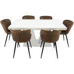 Set masa extensibila V 160x200 cm, lemn masiv alb, blat din MDF cu 6 scaune tapitate S-153, stofa maro