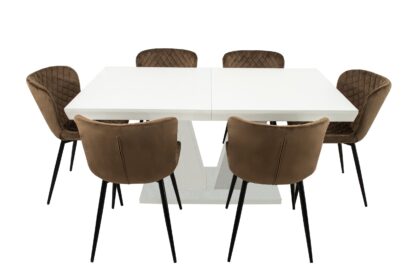 Set masa extensibila V 160x200 cm, lemn masiv alb, blat din MDF cu 6 scaune tapitate S-153, stofa maro