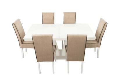 Set masa extensibila V 160x200 cm, lemn masiv alb, blat din MDF cu 6 scaune tapitate T-26, stofa crem