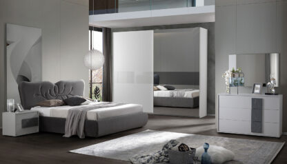 Dormitor Bloosom, alb, pat 160x190 cm, dulap cu 2 usi culisante, 2 noptiere, comoda