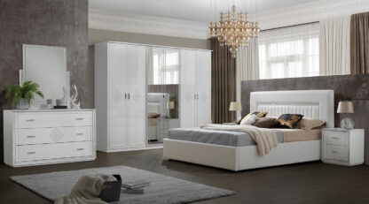 Dormitor New Gemma, alb, pat 160x200 cm, dulap cu 6 usi, 2 noptiere, comoda - imagine 2