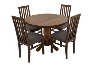 Set masa extensibila Kan 100x135 cm, lemn masiv, culoare nuc, blat din MDF cu 4 scaune tapitate ZIM Snezana walnut, stofa silver