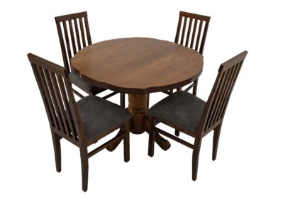 Set masa extensibila Kan 100x135 cm, lemn masiv, culoare nuc, blat din MDF cu 4 scaune tapitate ZIM Snezana walnut, stofa silver - imagine 2