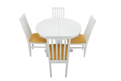 Set masa extensibila Kan 100x135 cm, lemn masiv alb, blat din MDF cu 4 scaune tapitate ZIM Snezana, stofa petra galben - imagine 3