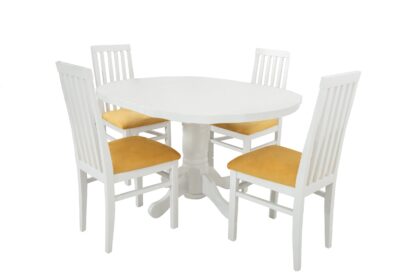 Set masa extensibila Kan 100x135 cm, lemn masiv alb, blat din MDF cu 4 scaune tapitate ZIM Snezana, stofa petra galben - imagine 2