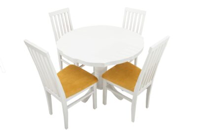 Set masa extensibila Kan 100x135 cm, lemn masiv alb, blat din MDF cu 4 scaune tapitate ZIM Snezana, stofa petra galben - imagine 7