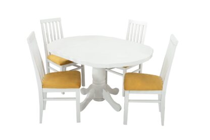 Set masa extensibila Kan 100x135 cm, lemn masiv alb, blat din MDF cu 4 scaune tapitate ZIM Snezana, stofa petra galben - imagine 5
