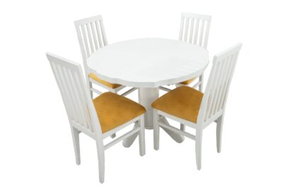 Set masa extensibila Kan 100x135 cm, lemn masiv alb, blat din MDF cu 4 scaune tapitate ZIM Snezana, stofa petra galben