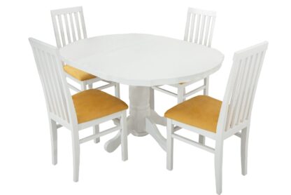 Set masa extensibila Kan 100x135 cm, lemn masiv alb, blat din MDF cu 4 scaune tapitate ZIM Snezana, stofa petra galben - imagine 4
