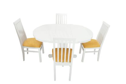 Set masa extensibila Kan 100x135 cm, lemn masiv alb, blat din MDF cu 4 scaune tapitate ZIM Snezana, stofa petra galben - imagine 6