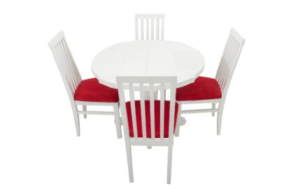 Set masa extensibila Kan 100x135 cm, lemn masiv alb, blat din MDF cu 4 scaune tapitate ZIM Snezana, stofa petra rosu - imagine 2
