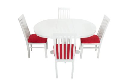 Set masa extensibila Kan 100x135 cm, lemn masiv alb, blat din MDF cu 4 scaune tapitate ZIM Snezana, stofa petra rosu - imagine 3