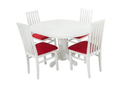 Set masa extensibila Kan 100x135 cm, lemn masiv alb, blat din MDF cu 4 scaune tapitate ZIM Snezana, stofa petra rosu