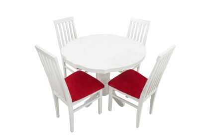 Set masa extensibila Kan 100x135 cm, lemn masiv alb, blat din MDF cu 4 scaune tapitate ZIM Snezana, stofa petra rosu - imagine 5