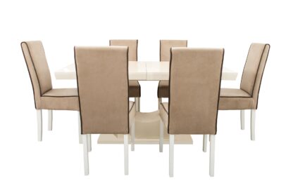 Set masa extensibila Ecuador 160x200 cm, lemn masiv crem, blat din MDF cu 6 scaune tapitate T-26, stofa crem - imagine 2