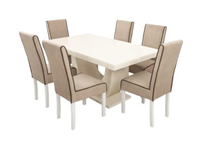 Set masa extensibila Ecuador 160x200 cm, lemn masiv crem, blat din MDF cu 6 scaune tapitate T-26, stofa crem