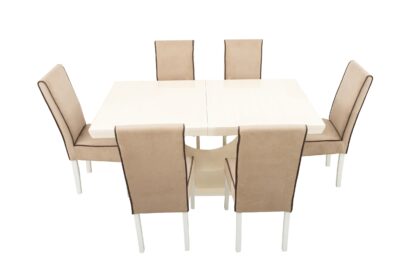 Set masa extensibila Ecuador 160x200 cm, lemn masiv crem, blat din MDF cu 6 scaune tapitate T-26, stofa crem - imagine 3