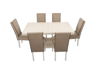 Set masa extensibila Ecuador 160x200 cm, lemn masiv crem, blat din MDF cu 6 scaune tapitate T-26, stofa crem - imagine 4