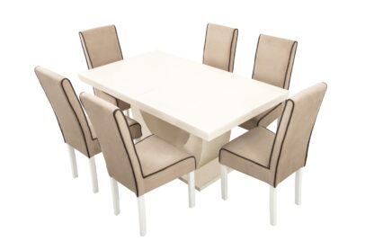 Set masa extensibila Ecuador 160x200 cm, lemn masiv crem, blat din MDF cu 6 scaune tapitate T-26, stofa crem - imagine 5