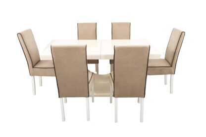 Set masa extensibila Ecuador 160x200 cm, lemn masiv crem, blat din MDF cu 6 scaune tapitate T-26, stofa crem - imagine 6