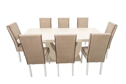 Set masa extensibila Ecuador 160x200 cm, lemn masiv crem, blat din MDF cu 8 scaune tapitate T-26, stofa crem - imagine 2