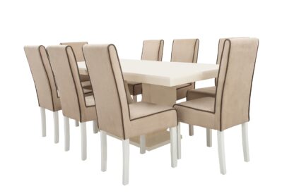 Set masa extensibila Ecuador 160x200 cm, lemn masiv crem, blat din MDF cu 8 scaune tapitate T-26, stofa crem - imagine 3