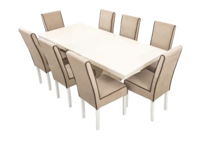 Set masa extensibila Ecuador 160x200 cm, lemn masiv crem, blat din MDF cu 8 scaune tapitate T-26, stofa crem