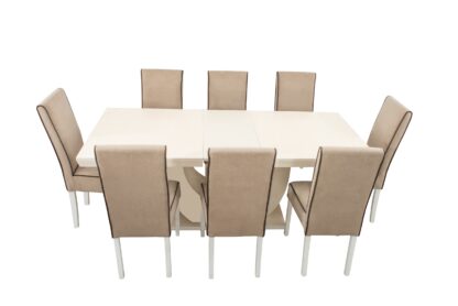 Set masa extensibila Ecuador 160x200 cm, lemn masiv crem, blat din MDF cu 8 scaune tapitate T-26, stofa crem - imagine 4