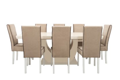 Set masa extensibila Ecuador 160x200 cm, lemn masiv crem, blat din MDF cu 8 scaune tapitate T-26, stofa crem - imagine 5