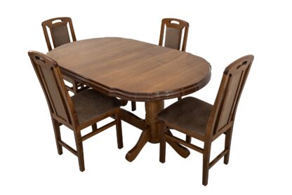 Set masa extensibila Jork 160x200 cm, lemn masiv, culoare nuc, blat din MDF cu 4 scaune tapitate ZIM Standard Walnut, stofa W24
