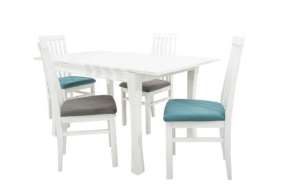 Set masa extensibila Vin Lux 120x160 cm, lemn masiv alb, blat din MDF cu 4 scaune tapitate ZIM Snezana Petra, stofa gri/albastru - imagine 6
