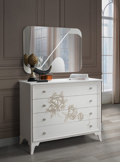Dormitor Peonia, alb/bej, pat 160x200 cm, dulap cu 2 usi culisante, 2 noptiere, comoda - imagine 4