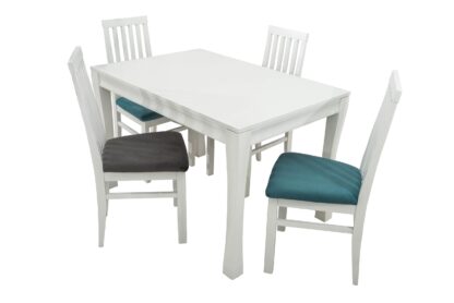 Set masa extensibila Vin Lux 120x160 cm, lemn masiv alb, blat din MDF cu 4 scaune tapitate ZIM Snezana Petra, stofa gri/albastru - imagine 2