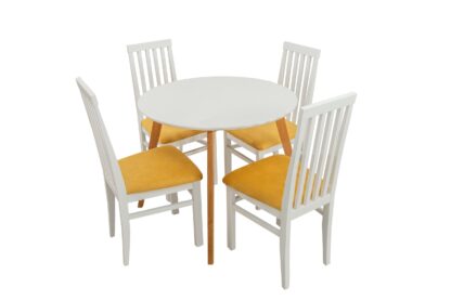 Set masa fixa Max S 90 cm, lemn masiv alb, blat din MDF cu 4 scaune tapitate ZIM Snezana, stofa petra galben - imagine 2