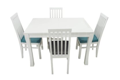 Set masa extensibila Vin Lux 120x160 cm, lemn masiv alb, blat din MDF cu 4 scaune tapitate ZIM Snezana Petra, stofa gri/albastru - imagine 3