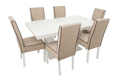 Set masa extensibila Ecuador 160x200 cm, lemn masiv alb, blat din MDF cu 6 scaune tapitate T-26, stofa crem - imagine 3