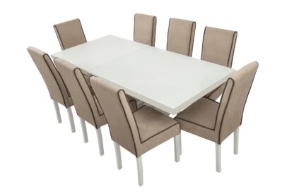 Set masa extensibila Ecuador 160x200 cm, lemn masiv alb, blat din MDF cu 8 scaune tapitate T-26, stofa crem - imagine 2