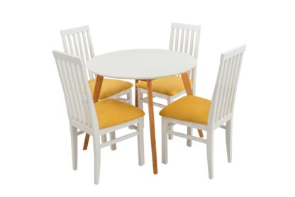 Set masa fixa Max S 90 cm, lemn masiv alb, blat din MDF cu 4 scaune tapitate ZIM Snezana, stofa petra galben - imagine 4