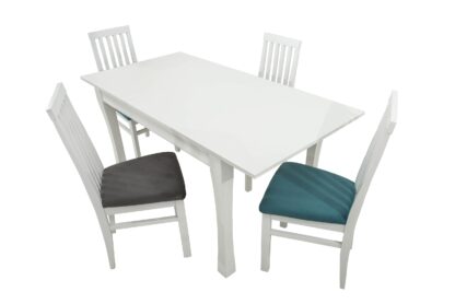 Set masa extensibila Vin Lux 120x160 cm, lemn masiv alb, blat din MDF cu 4 scaune tapitate ZIM Snezana Petra, stofa gri/albastru - imagine 4