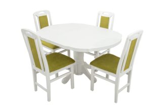 Set masa extensibila Kan 100x135 cm, lemn masiv alb, blat din MDF cu 4 scaune tapitate ZIM Standard, stofa petra verde