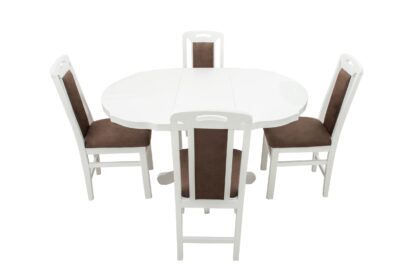 Set masa extensibila Kan 100x135 cm, lemn masiv alb, blat din MDF cu 4 scaune tapitate ZIM Standard, stofa petra maro - imagine 2