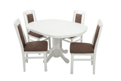 Set masa extensibila Kan 100x135 cm, lemn masiv alb, blat din MDF cu 4 scaune tapitate ZIM Standard, stofa petra maro - imagine 3