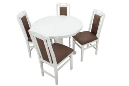 Set masa extensibila Kan 100x135 cm, lemn masiv alb, blat din MDF cu 4 scaune tapitate ZIM Standard, stofa petra maro - imagine 4