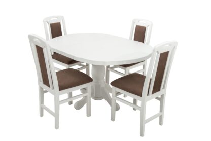 Set masa extensibila Kan 100x135 cm, lemn masiv alb, blat din MDF cu 4 scaune tapitate ZIM Standard, stofa petra maro