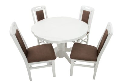 Set masa extensibila Kan 100x135 cm, lemn masiv alb, blat din MDF cu 4 scaune tapitate ZIM Standard, stofa petra maro - imagine 5