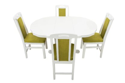 Set masa extensibila Kan 100x135 cm, lemn masiv alb, blat din MDF cu 4 scaune tapitate ZIM Standard, stofa petra verde - imagine 2