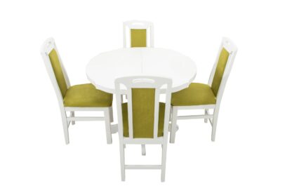 Set masa extensibila Kan 100x135 cm, lemn masiv alb, blat din MDF cu 4 scaune tapitate ZIM Standard, stofa petra verde - imagine 3