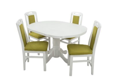 Set masa extensibila Kan 100x135 cm, lemn masiv alb, blat din MDF cu 4 scaune tapitate ZIM Standard, stofa petra verde - imagine 4
