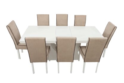 Set masa extensibila Ecuador 160x200 cm, lemn masiv alb, blat din MDF cu 8 scaune tapitate T-26, stofa crem